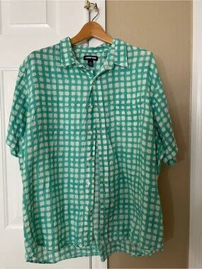 Lands' End Men's Teal and White Check XL Linen Short-Sleeve Button-Down Shirt
